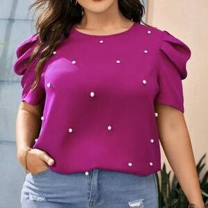SHEIN Magenta Puff Sleeve Blouse with Pearl Details
